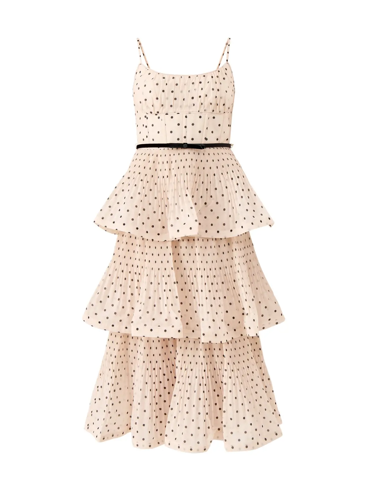 Pleated Tiered Midi Dress Cream Black Polka Dot 1