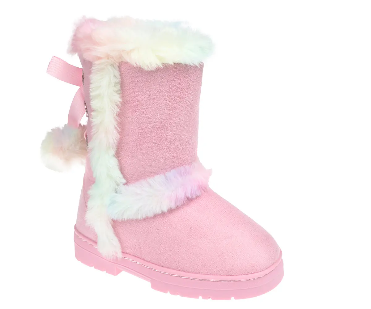 Bebe Girls Big Kid Mid Calf Easy Pull-On Microsuede Winter Boots Embellished With Fur Trim And Rhinestone Eyelet 1