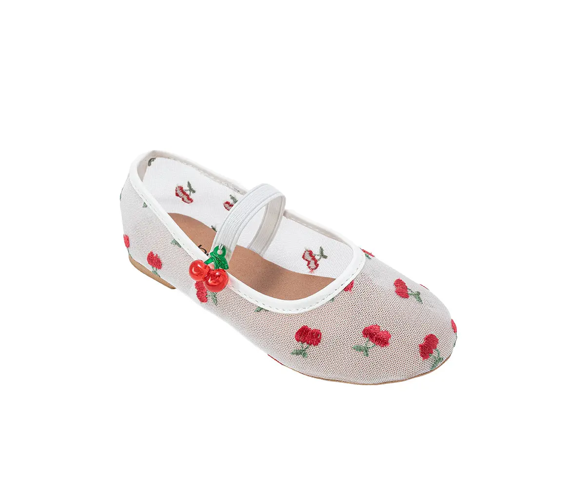 Bebe Girl's Mesh Ballet Mary Jane Shoes - Comfortable Dress Flats With Embroidered Cherry Accents 1