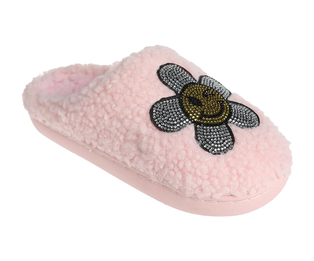 Kensie Slippers For Kids Smiley Face Slippers For Girls - Fuzzy Cute Slippers With Rhinestones For Little Kid/Big Kid 1