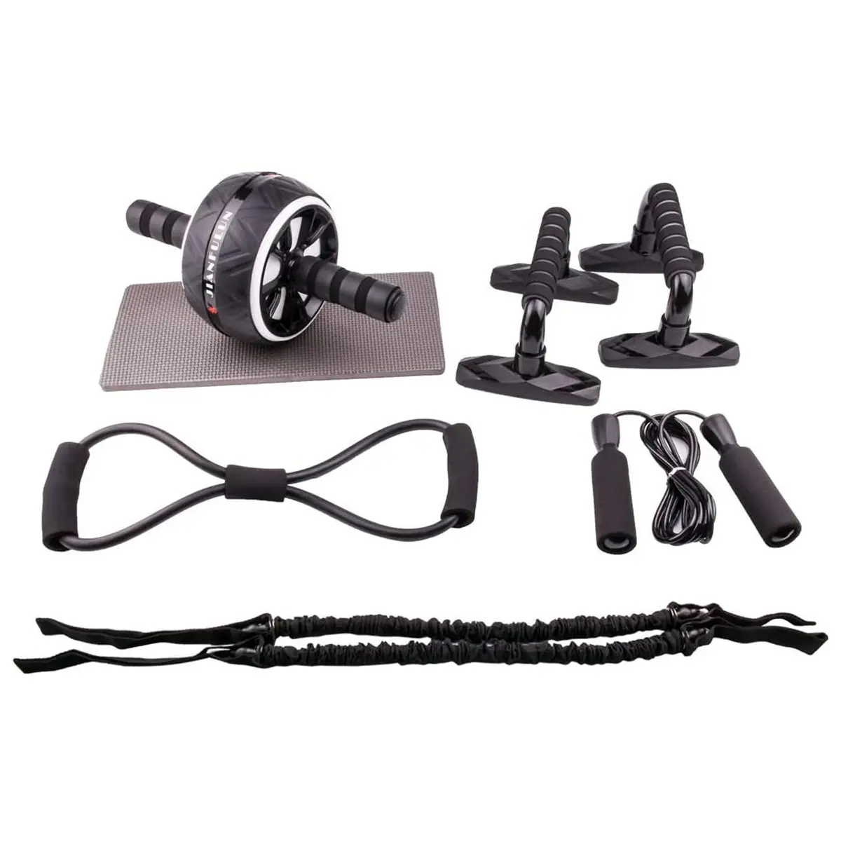 Trakk Sport 6 In 1 Exercise Equipment Set With Ab Wheel, Handle Grips, Resistance Bands, Knee Pad, Jump Rope, And Pushup Bars For Full Body Workouts 1