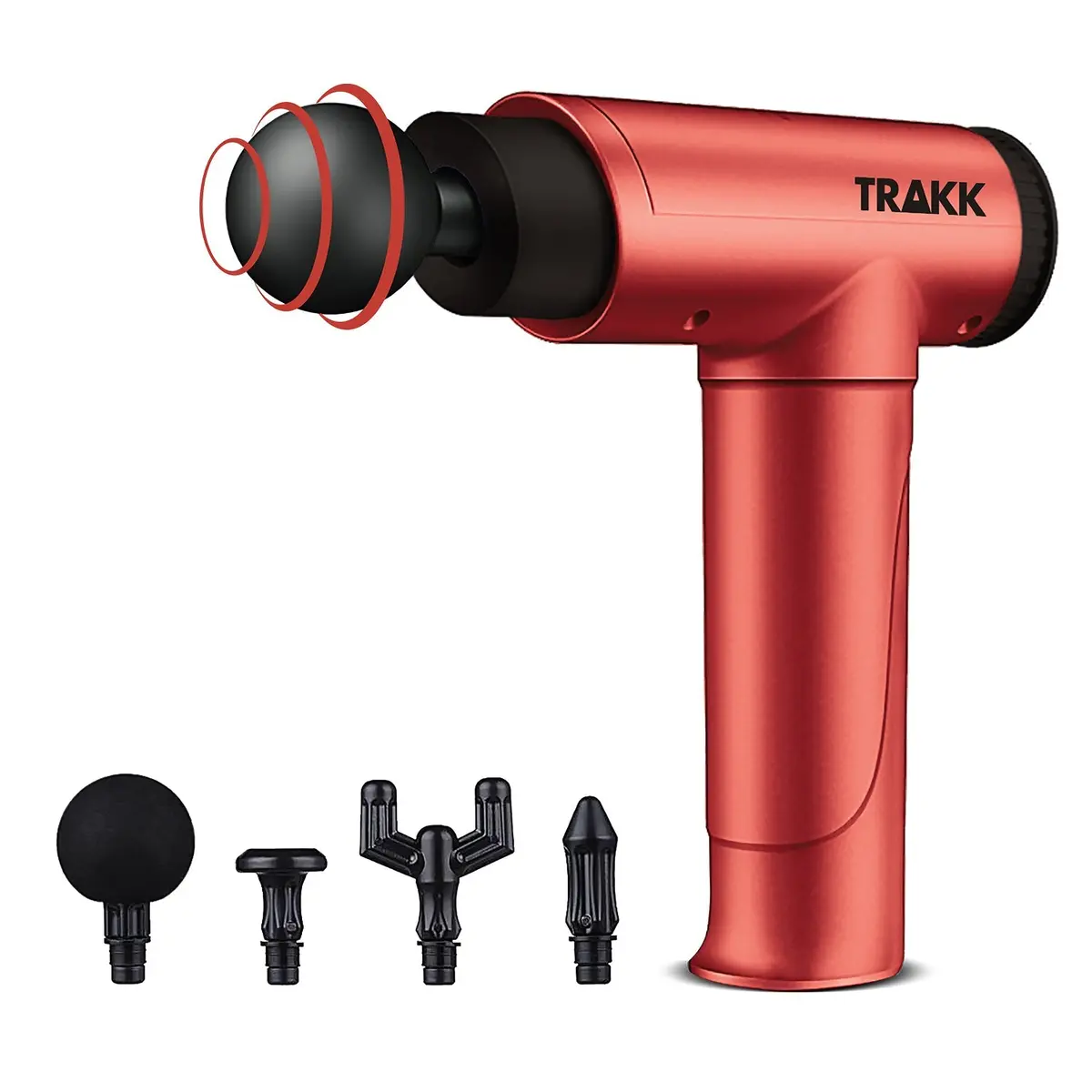 Trakk Deep Tissue Handheld Massage Gun With 4 Speeds, 4 Head Attachments, And Rechargeable Battery For Sore And Tense Muscle Relaxation (Red) 1