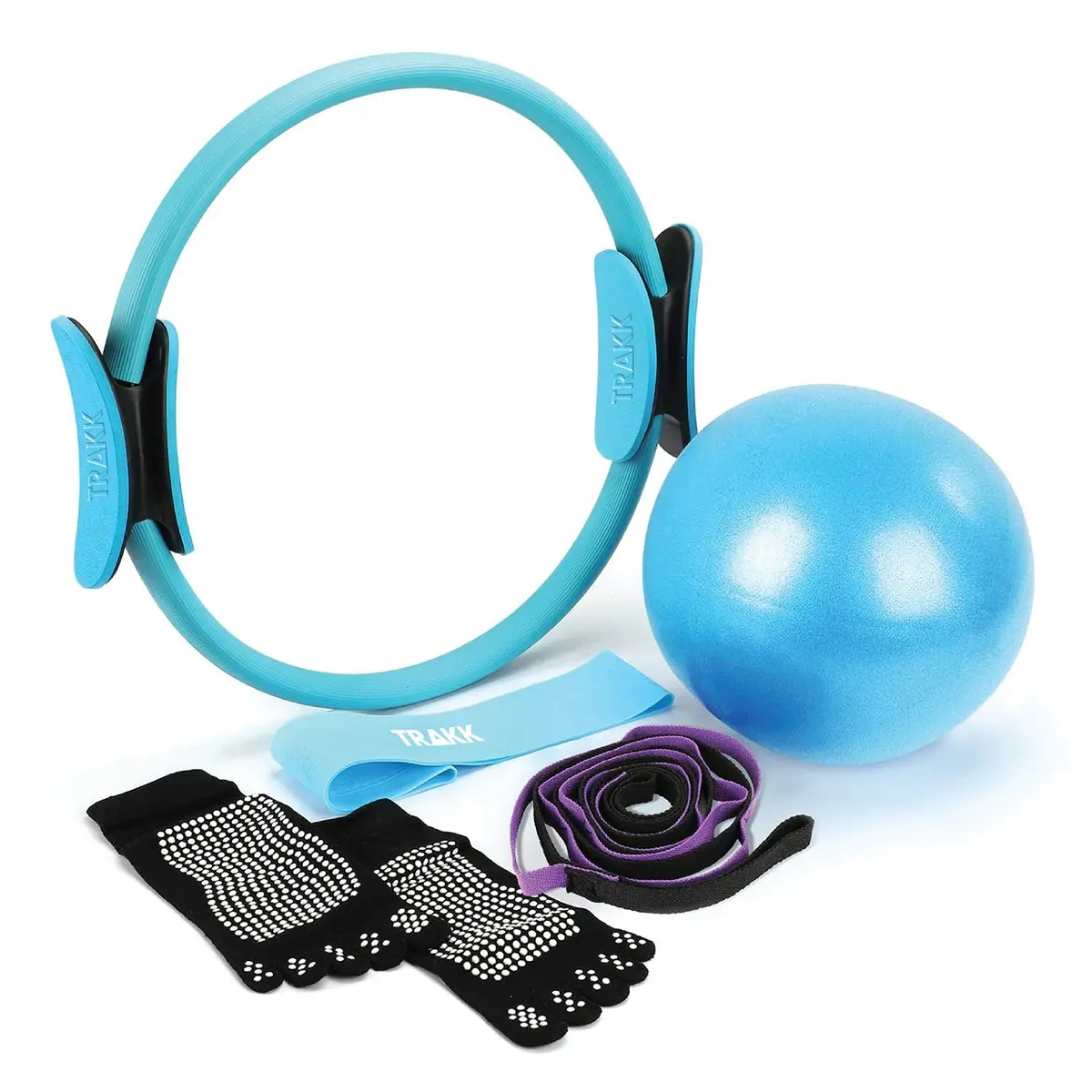 Trakk Pilates Ring And Ball Set, 15 'Fitness Circle, Resistance Loop Exercise Band, Pilates Ball, Stretch Strap, Non-Slip Skid Socks, Women's & Athletic Trainers Exercise Equipment & - Blue 1