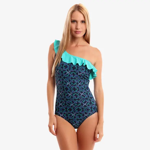 Saint Raphael French Riviera Print One-Shoulder Maillot Swimsuit 1