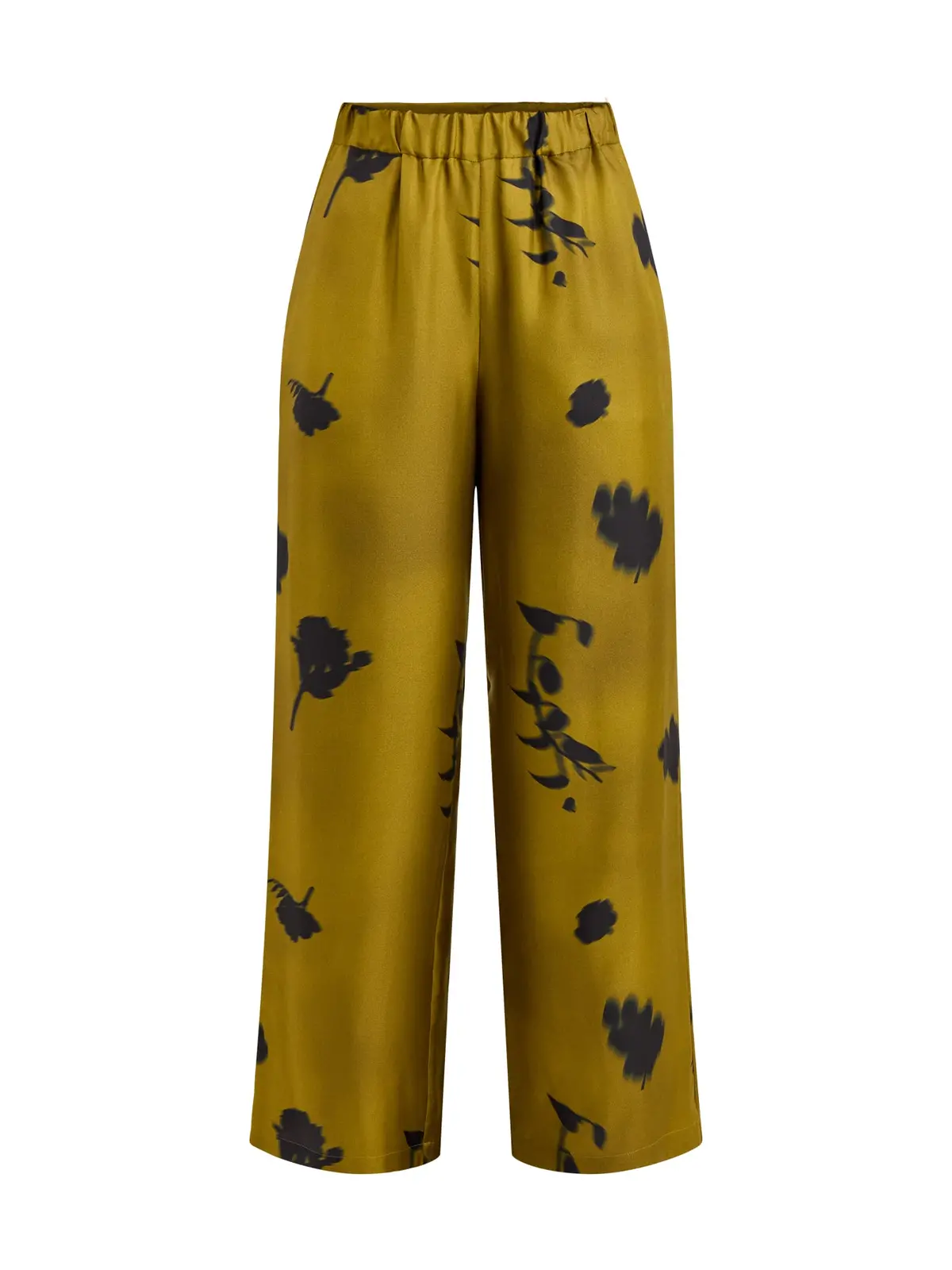 Helga Silk Printed Wide Leg Trouser Elastic Waist Olive Green 1