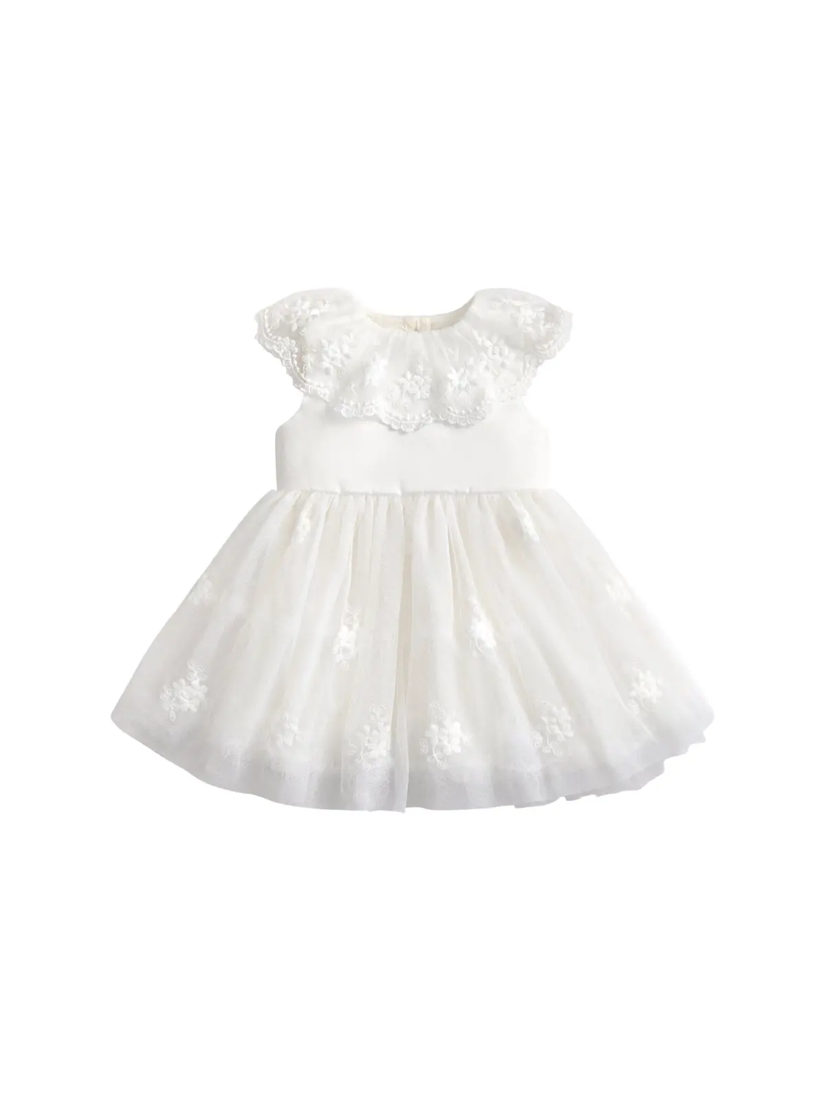 White Mesh Collar Flower Girl Dress With Embroidered Skirt 1