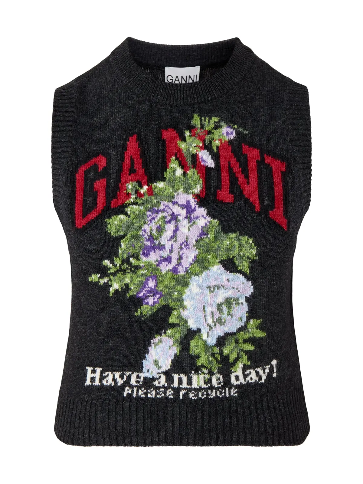 Graphic Wool Mix Flowers Vest Black 1